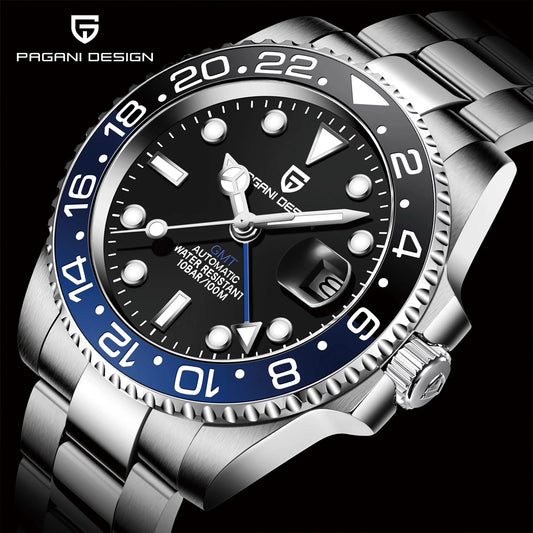 PAGANI DESIGN Men Mechanical Wristwatch Top Brand Sapphire Glass GMT Watch Stainless Steel Sports Waterproof Automatic Men Watch