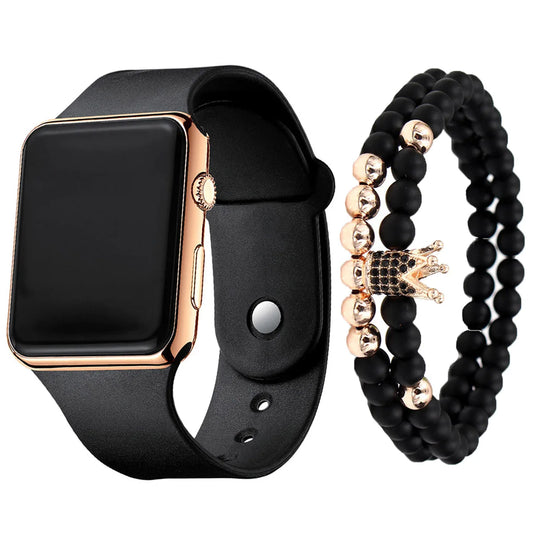 Unisex fashion trend casual personality square LED electronic watch versatile electronic watch with crown bracelet
