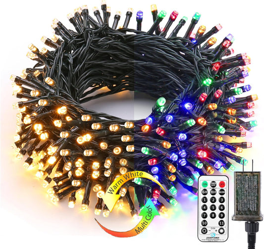 Color Changing Christmas Lights, 115Ft 300 LED Christmas String Lights, 11 Modes Warm White Multicolor Lights, 24V Safe Adapter Dimmable Light with Timer Remote for Christmas Party Tree Decor